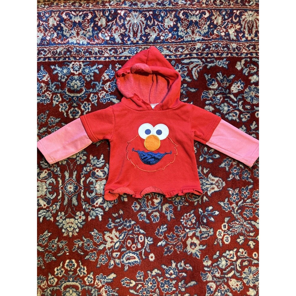 Vtg Y2K Elmo Embroidered Sesame Street Hoodie Sweatshirt 24 Months Large Face